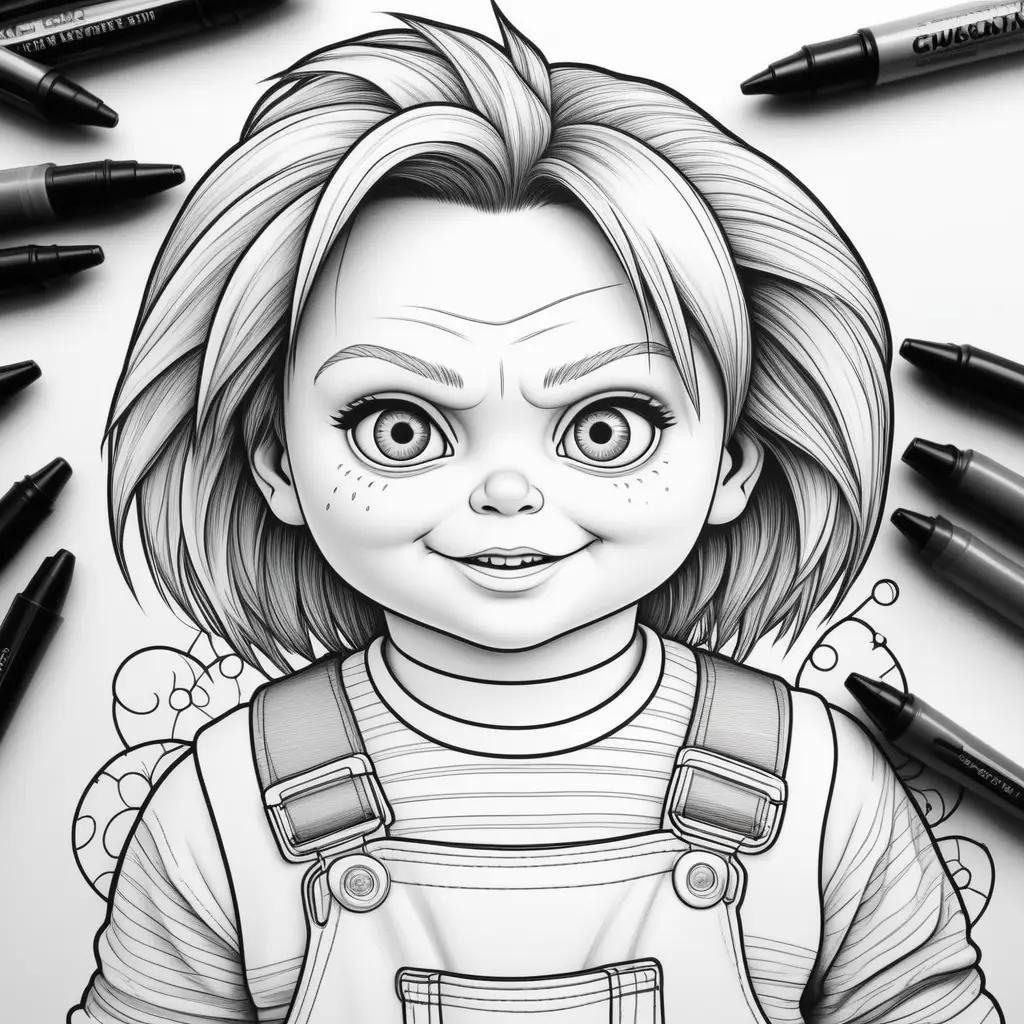 Black and white coloring page of Chucky with markers