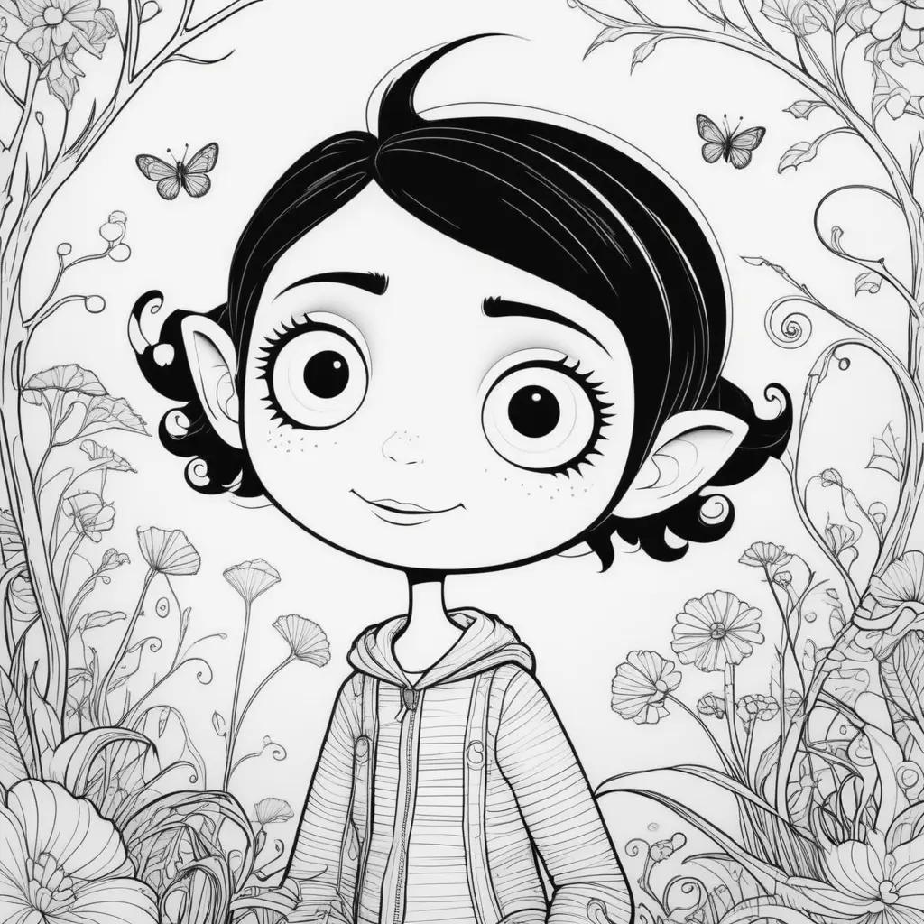 Black and white coloring page of Coraline