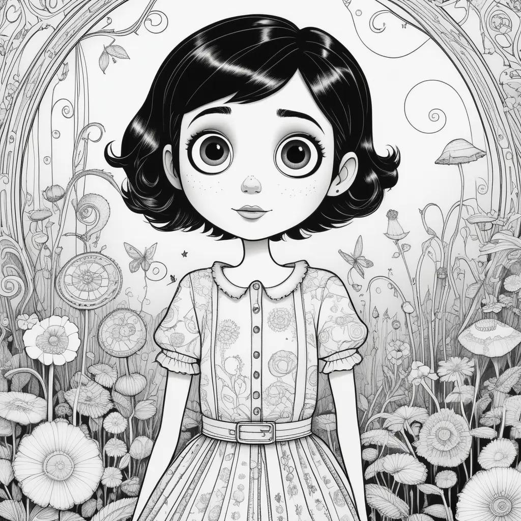 Black and white coloring page of Coraline