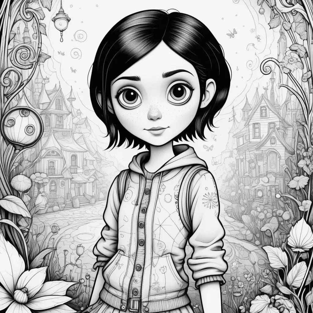 Black and white coloring page of Coraline with a color page in the background