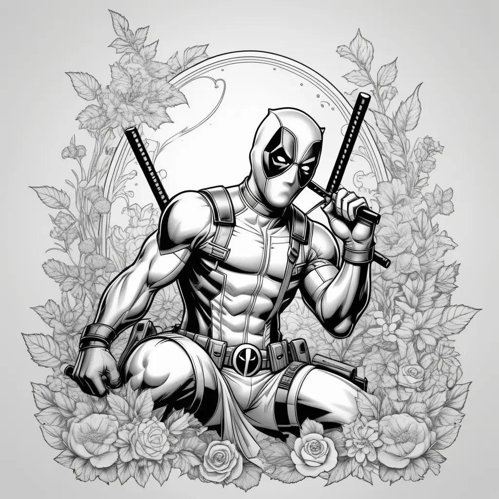 Black and white coloring page of Deadpool holding two swords