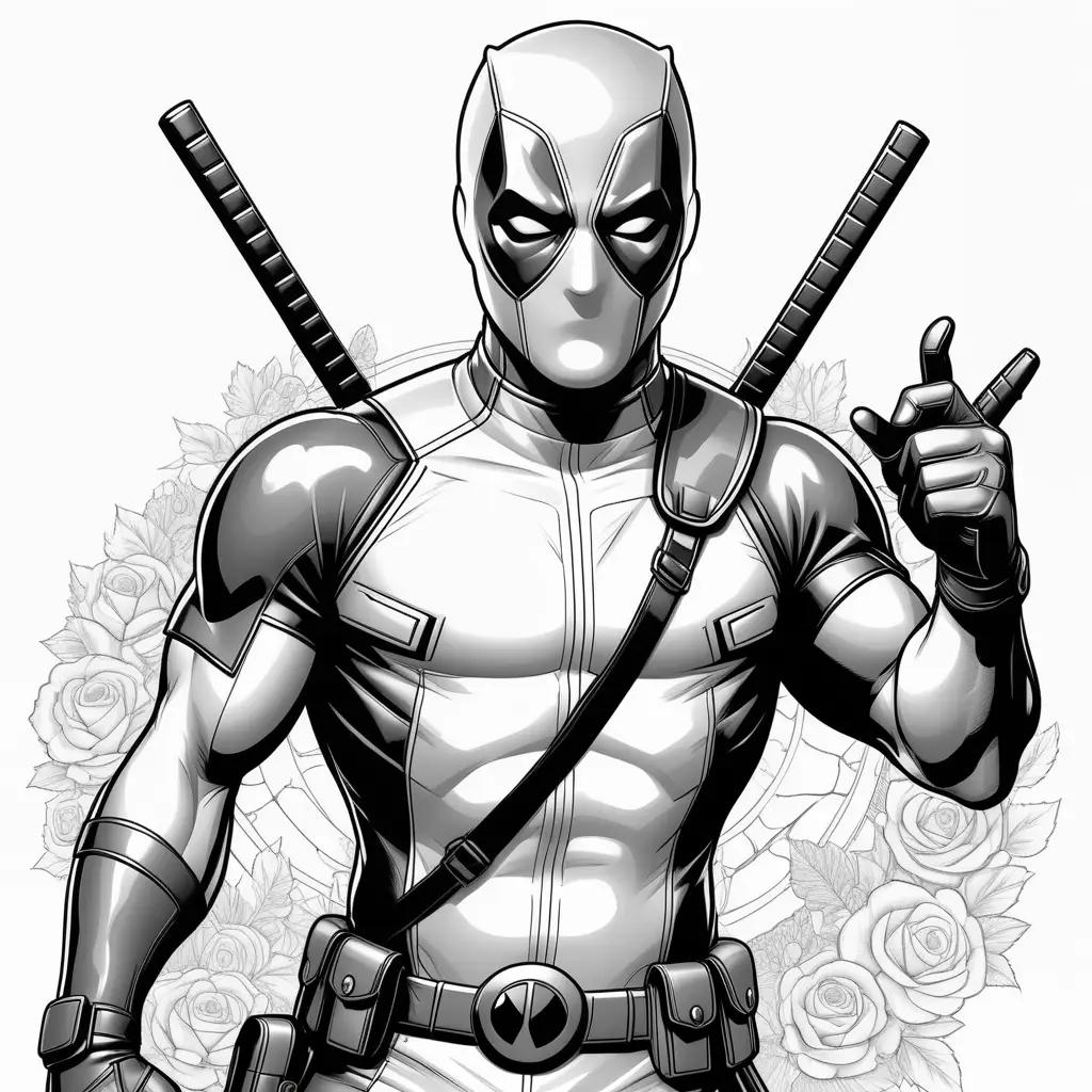 Black and white coloring page of Deadpool with crossbows