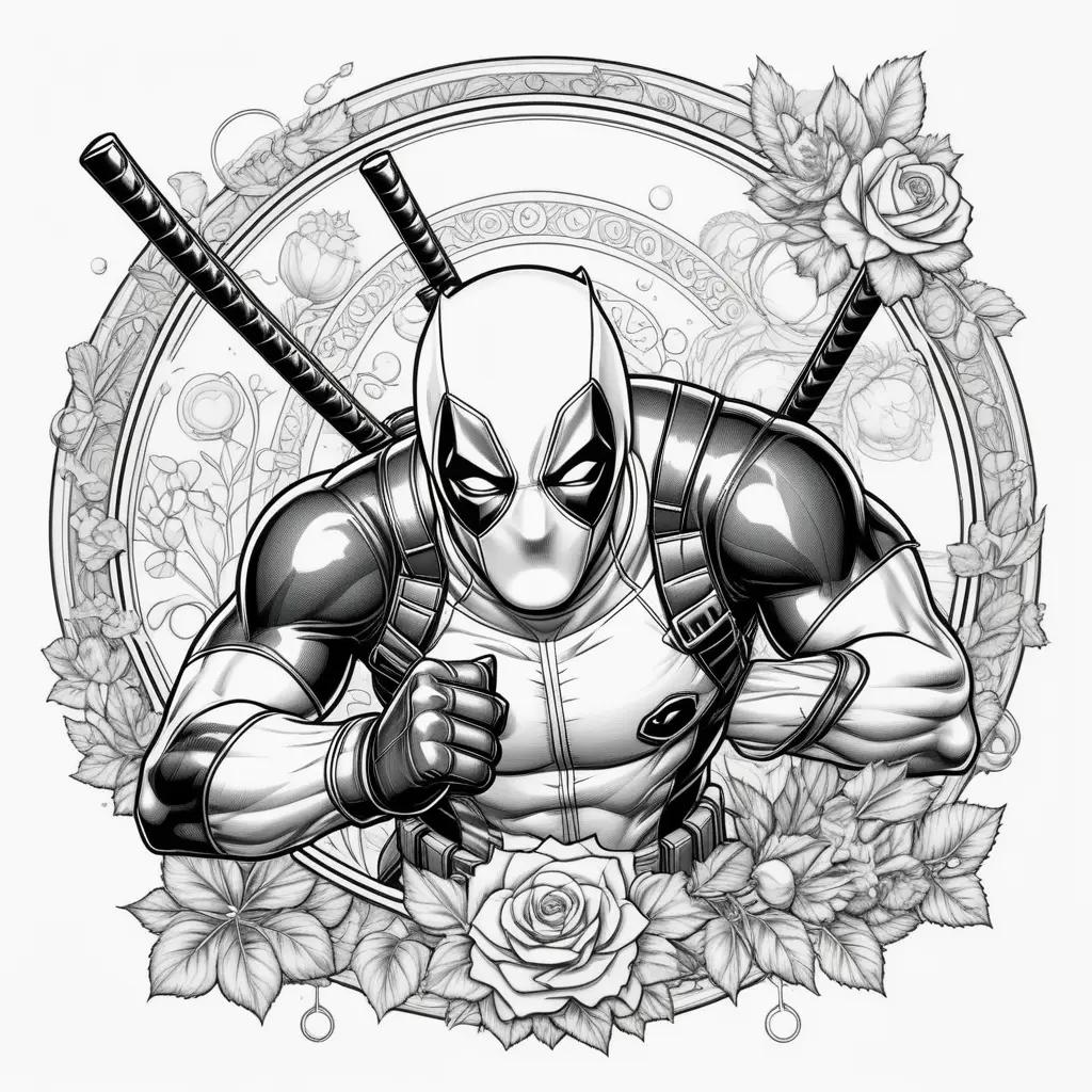 Black and white coloring page of Deadpool with roses