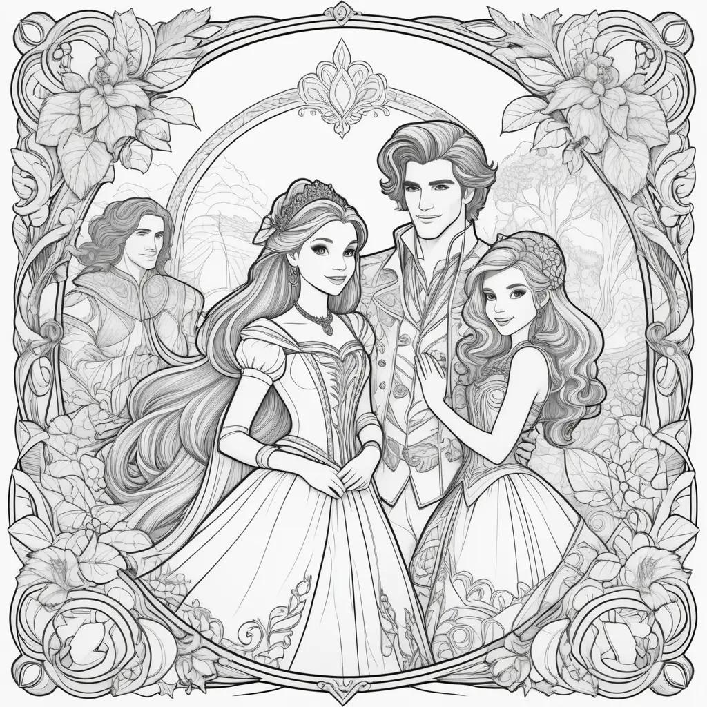 Black and white coloring page of Disney characters