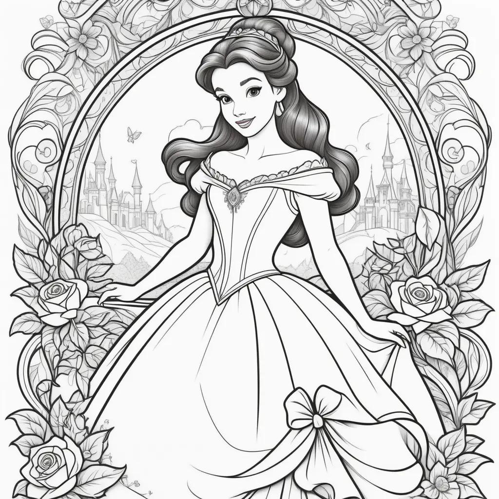 Black and white coloring page of Disney princess Belle