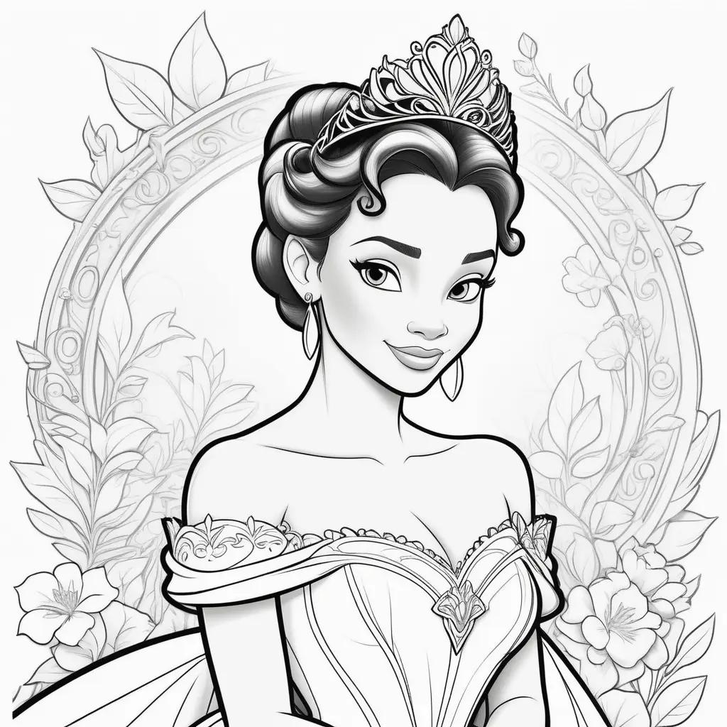 Black and white coloring page of Disney princess Tiana