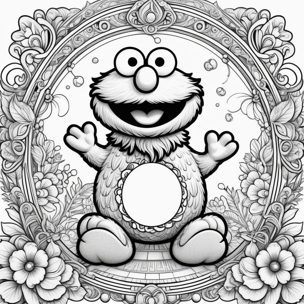 Black and white coloring page of Elmo with flowers