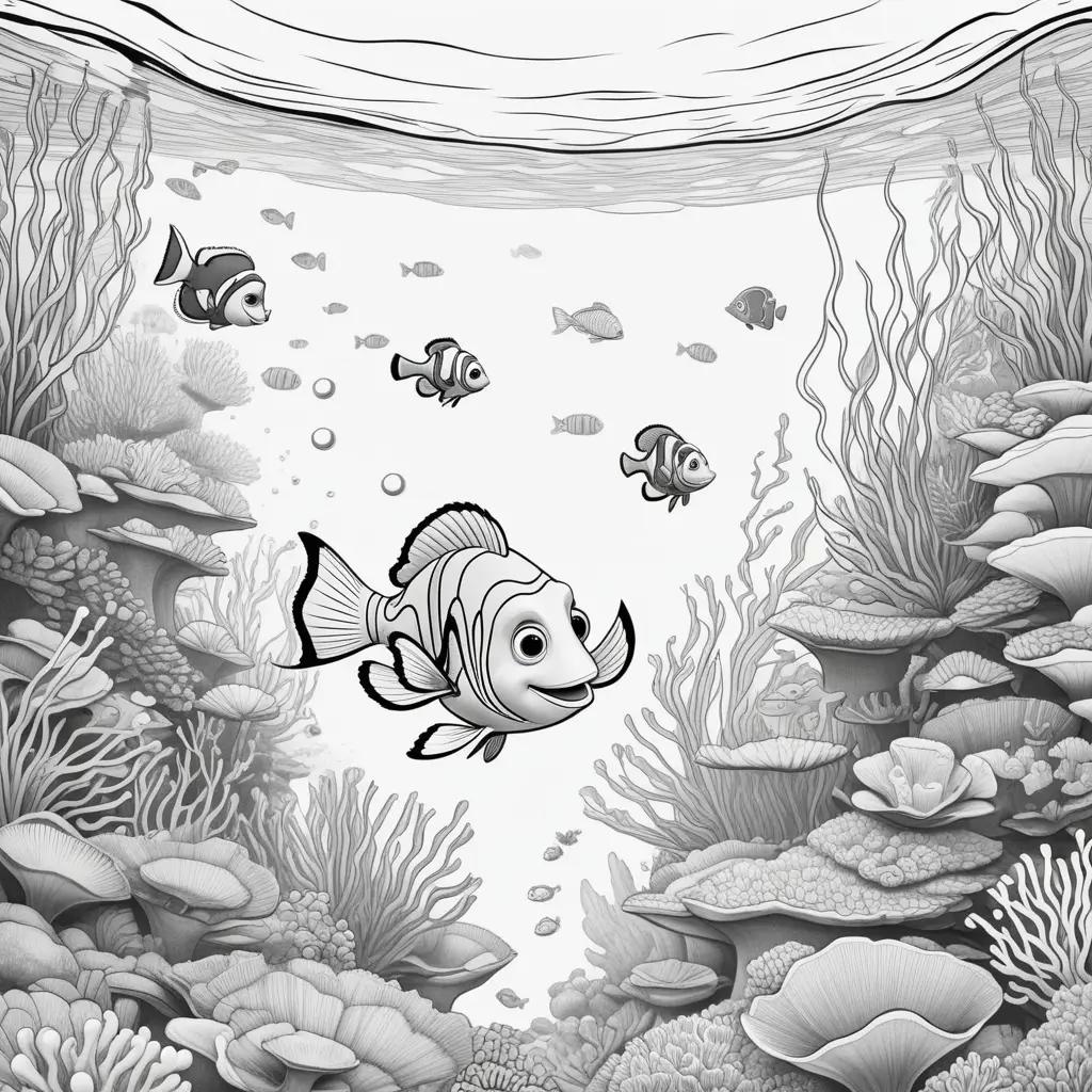 Black and white coloring page of Finding Nemo fish