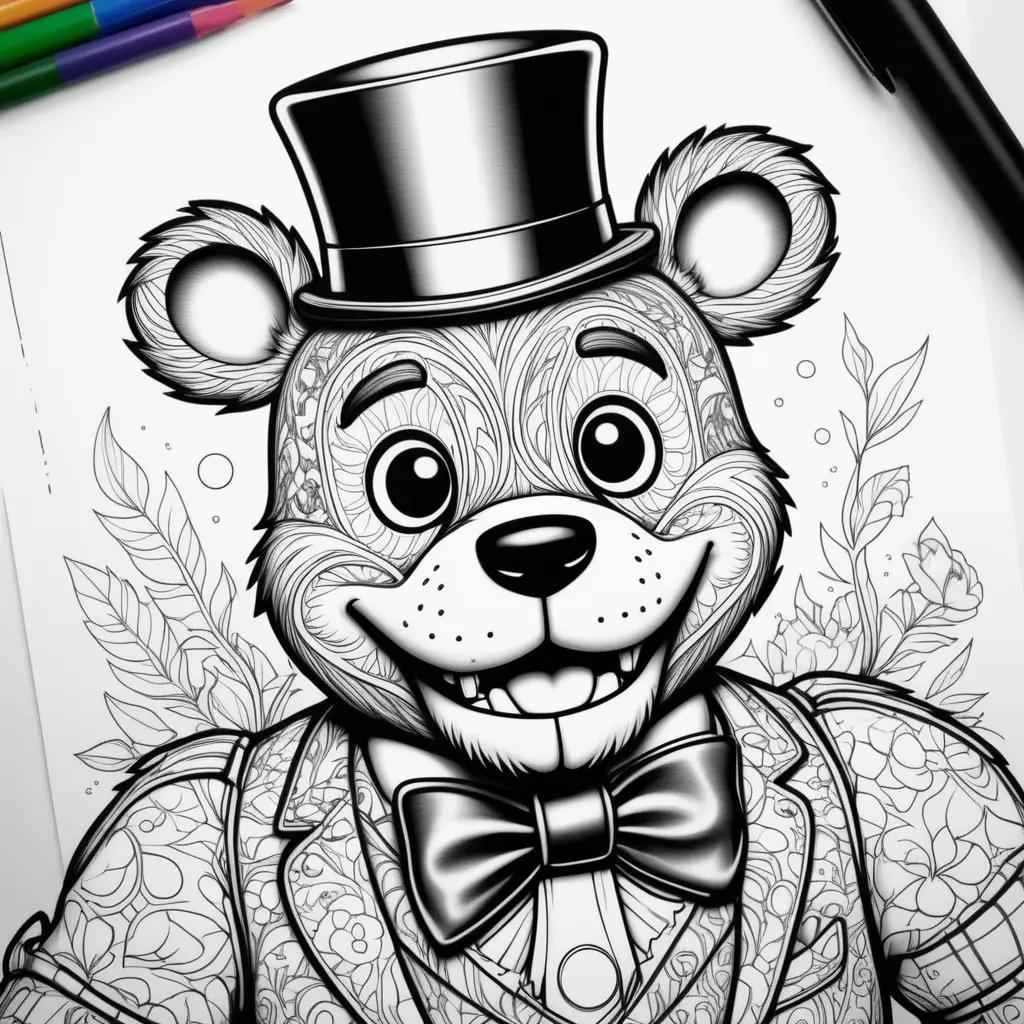 Black and white coloring page of Freddy Fazbear in a top hat and bow tie