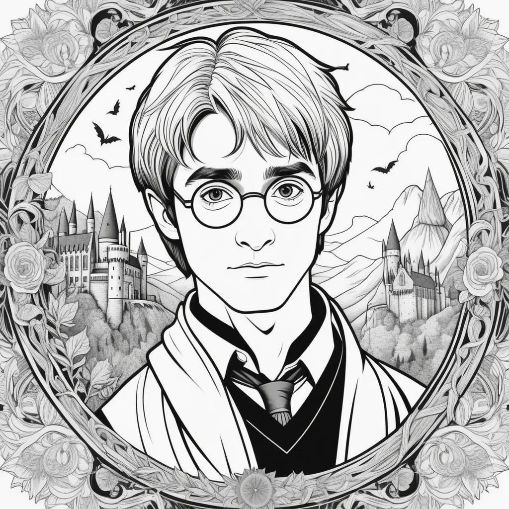 Black and white coloring page of Harry Potter