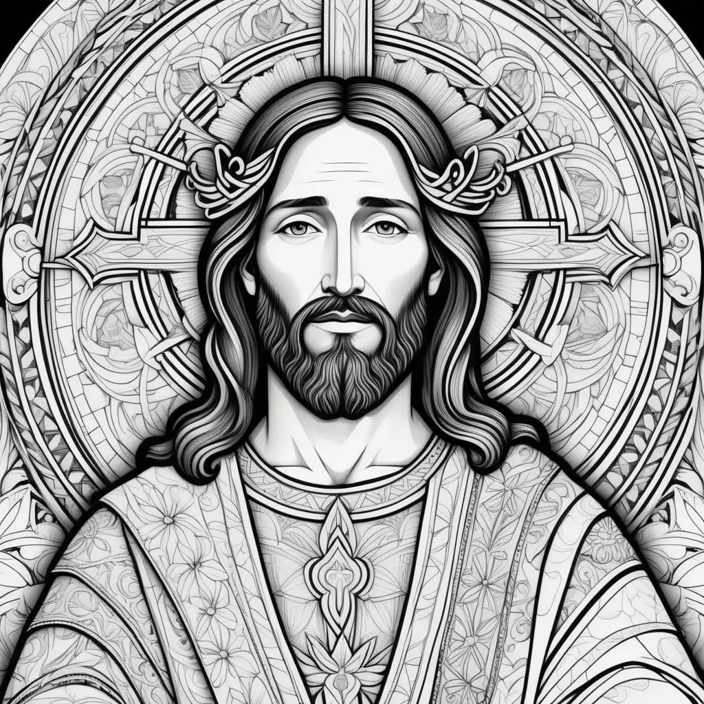 Black and white coloring page of Jesus with cross