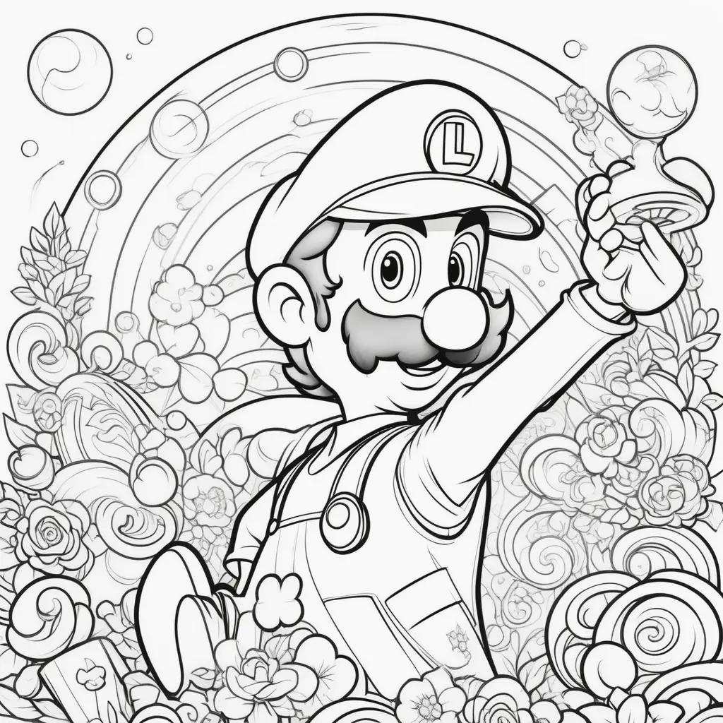 Black and white coloring page of Luigi holding a trophy