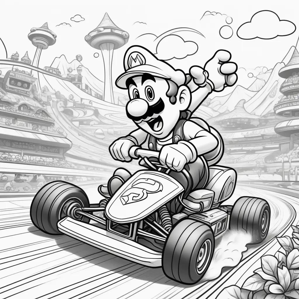 Black and white coloring page of Mario Kart