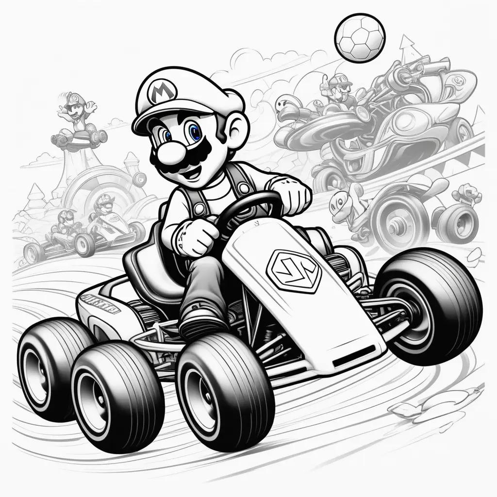 Black and white coloring page of Mario Kart with wheels