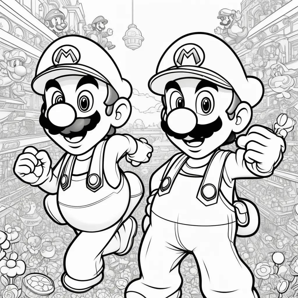 Black and white coloring page of Mario and Luigi