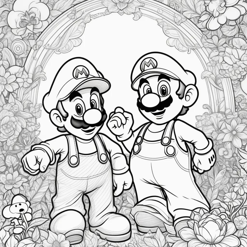 Black and white coloring page of Mario and Luigi