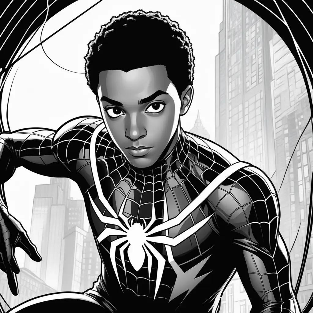 Black and white coloring page of Miles Morales