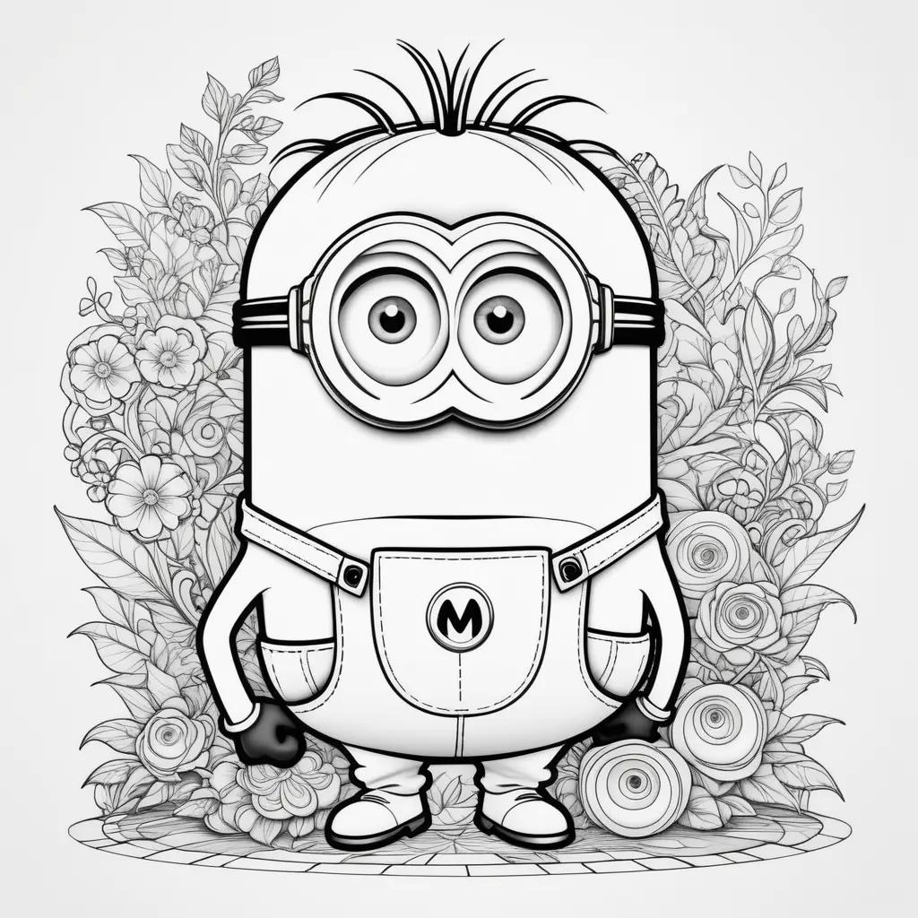 Black and white coloring page of Minion with flowers