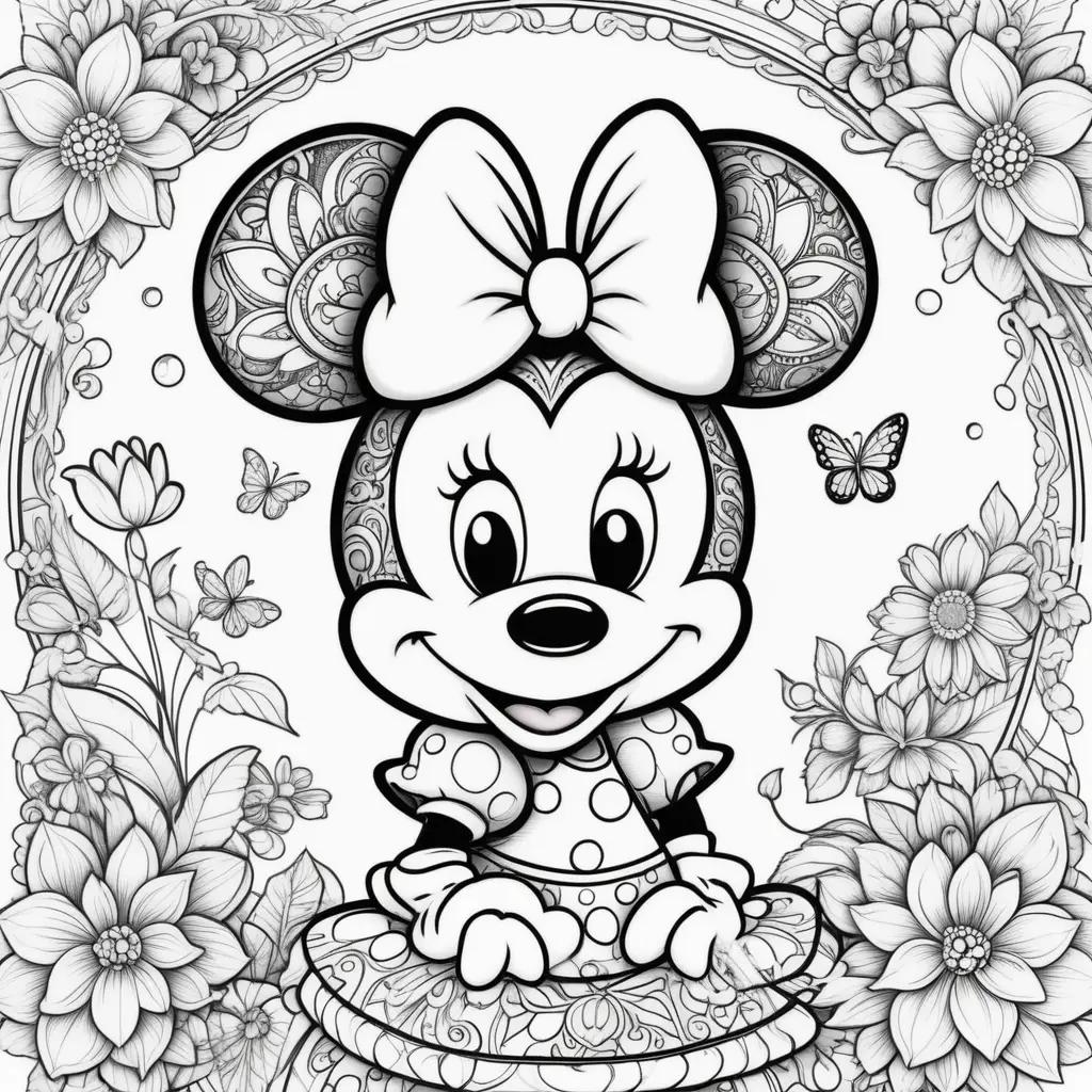 Black and white coloring page of Minnie Mouse