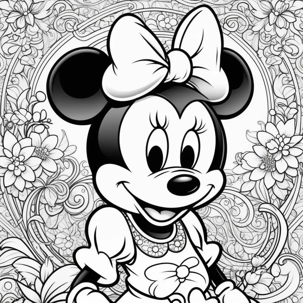 Black and white coloring page of Minnie Mouse with bow