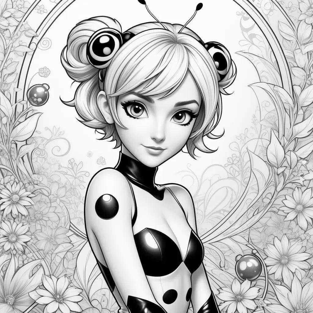 Black and white coloring page of Miraculous Ladybug