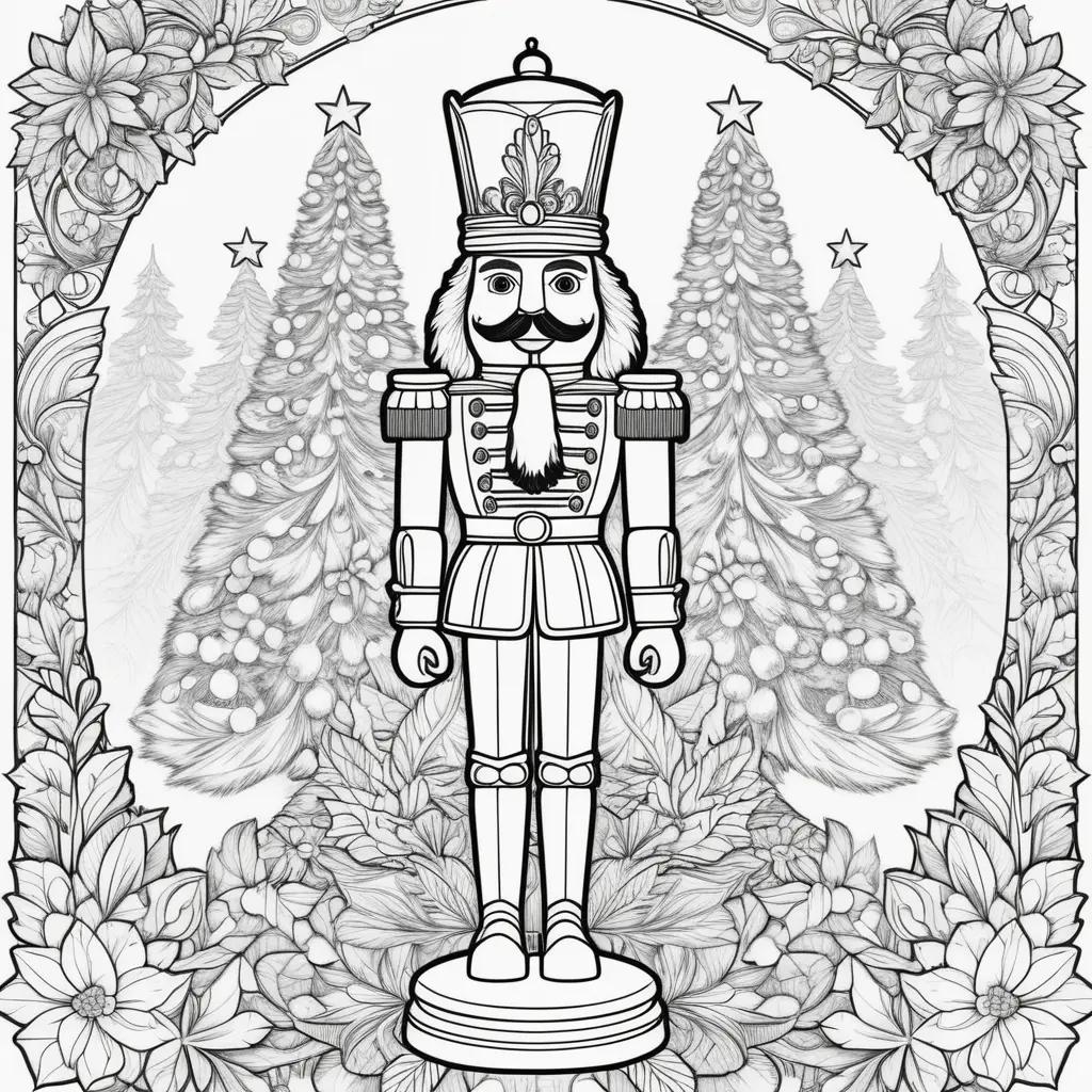 Black and white coloring page of Nutcracker with Christmas trees