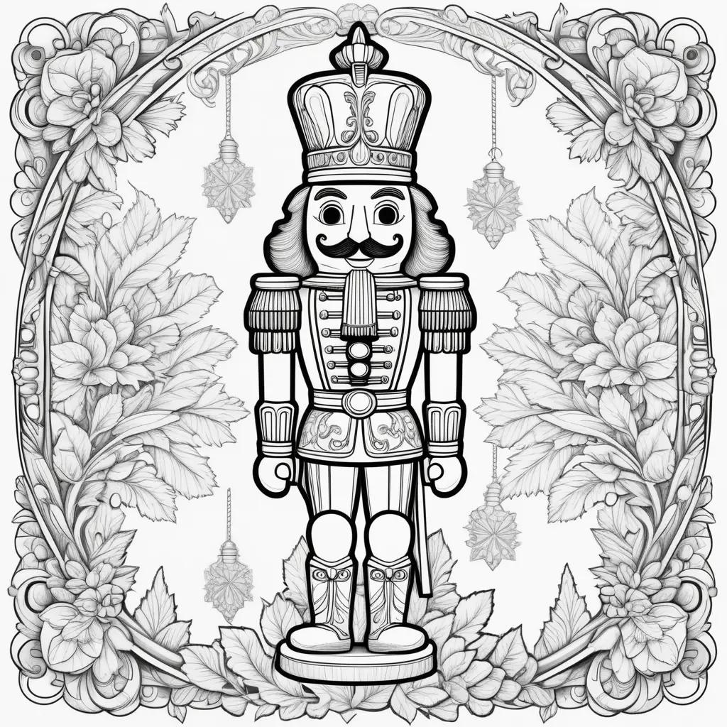 Black and white coloring page of Nutcracker with floral frame