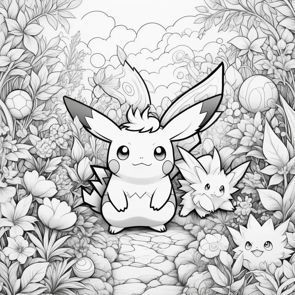 Black and white coloring page of Pikachu and other Pokemon