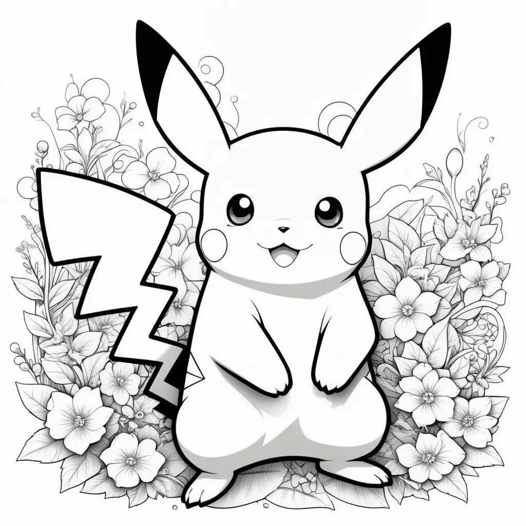 Black and white coloring page of Pikachu in a flower garden