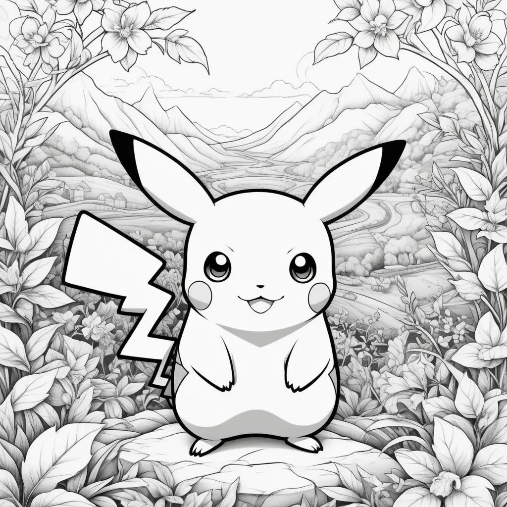 Black and white coloring page of Pikachu with flowers