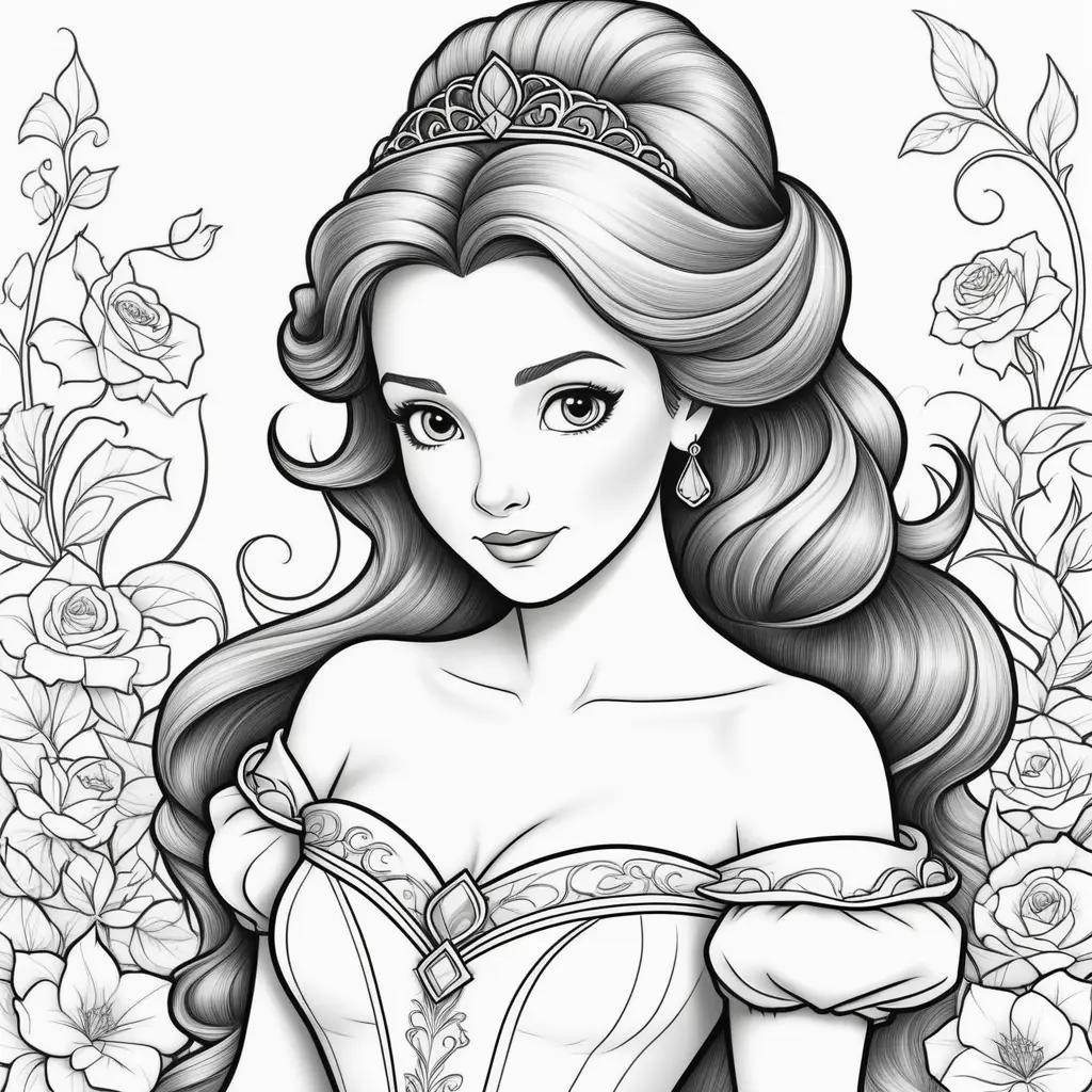 Black and white coloring page of Princess Belle