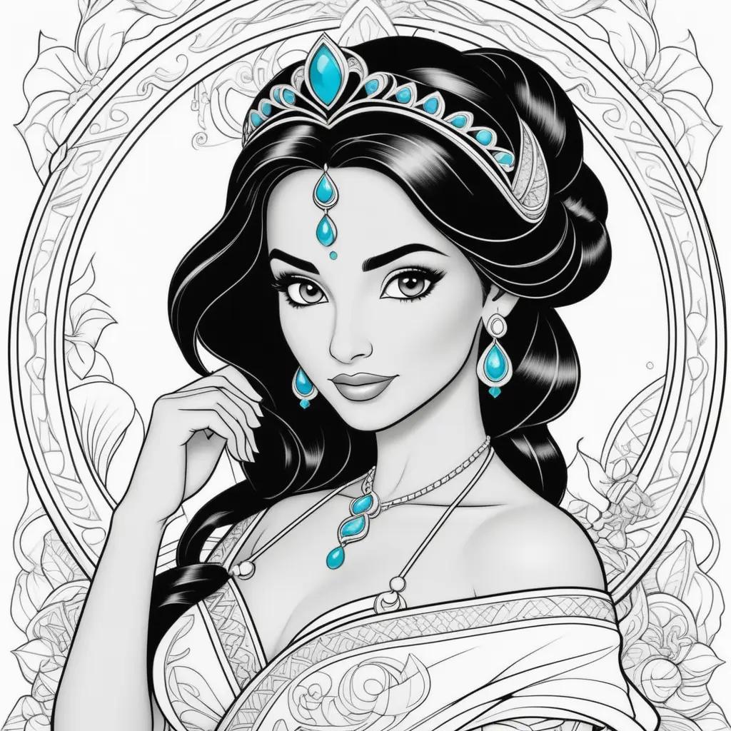 Black and white coloring page of Princess Jasmine