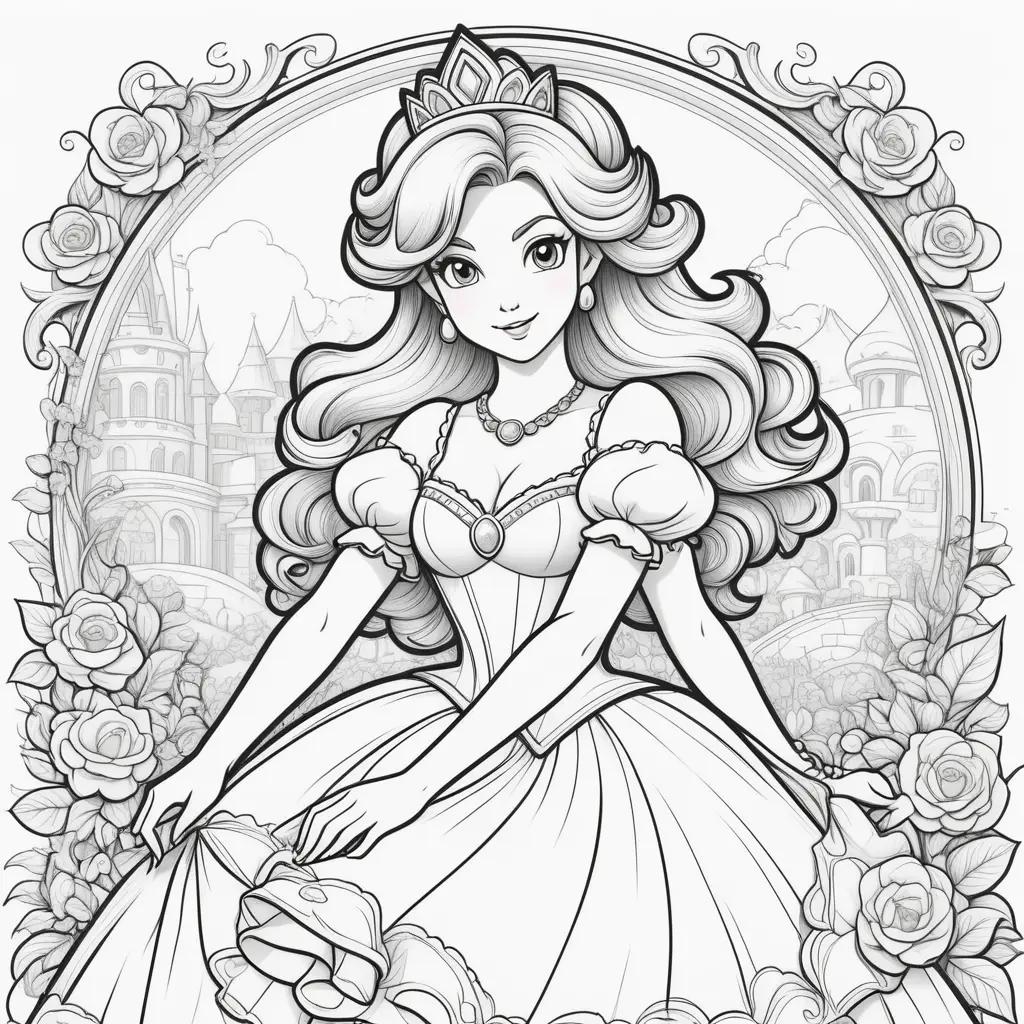 Black and white coloring page of Princess Peach