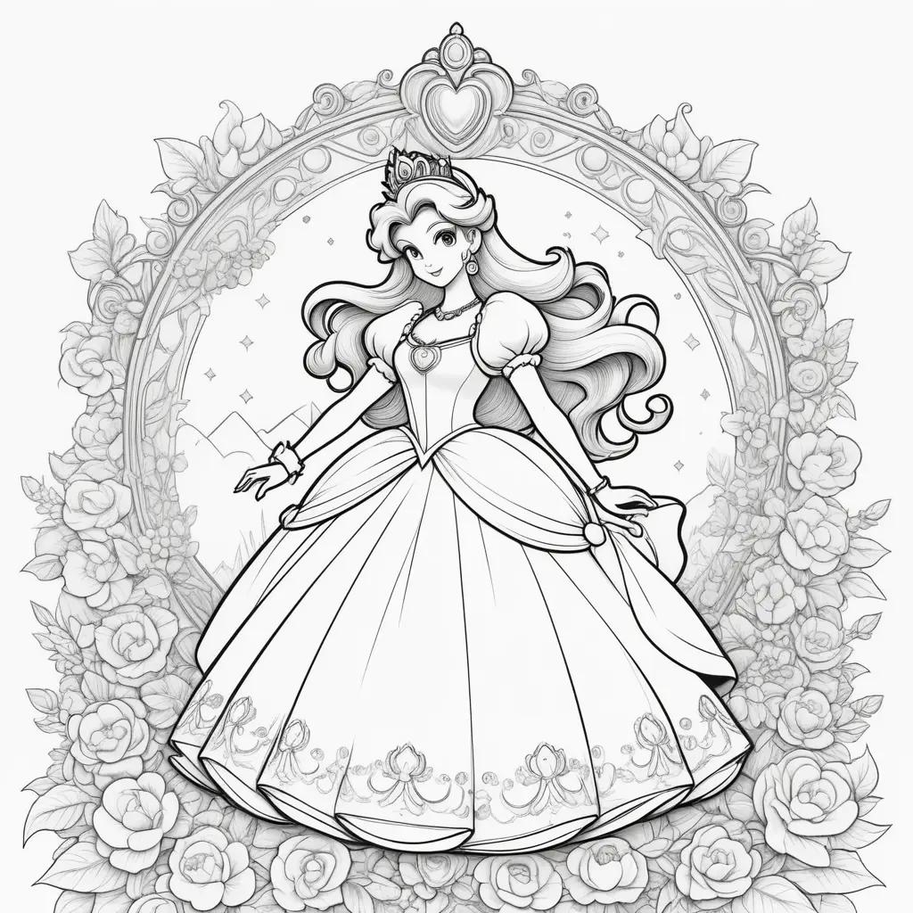 Black and white coloring page of Princess Peach