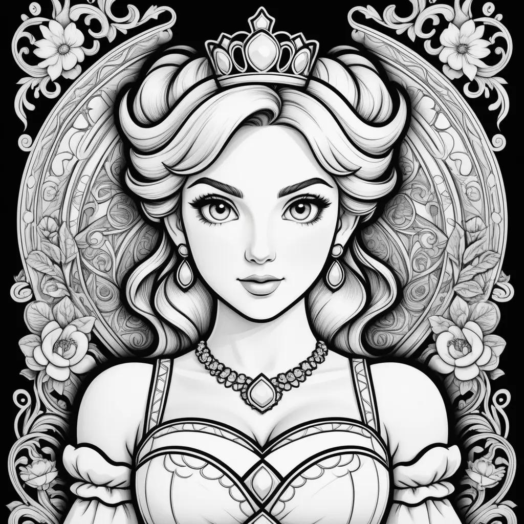 Black and white coloring page of Princess Peach