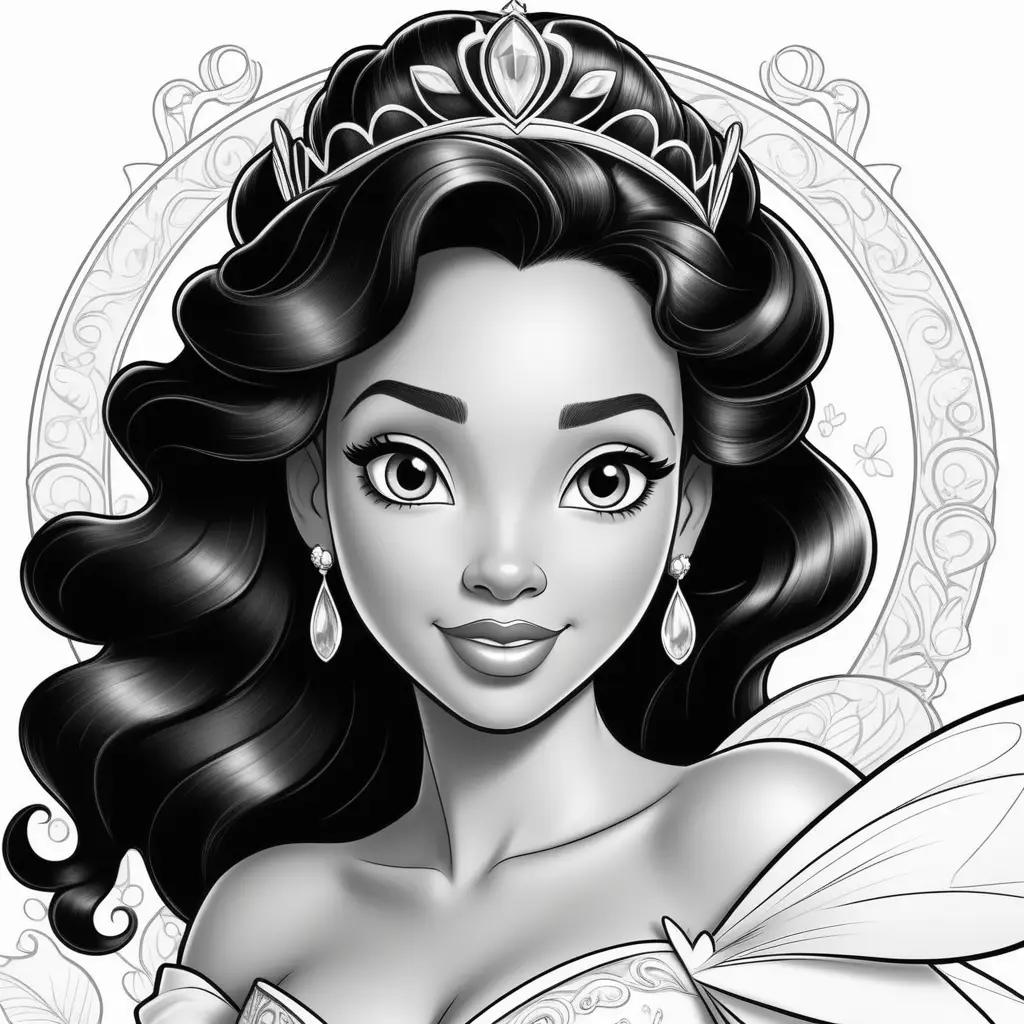 Black and white coloring page of Princess Tiana