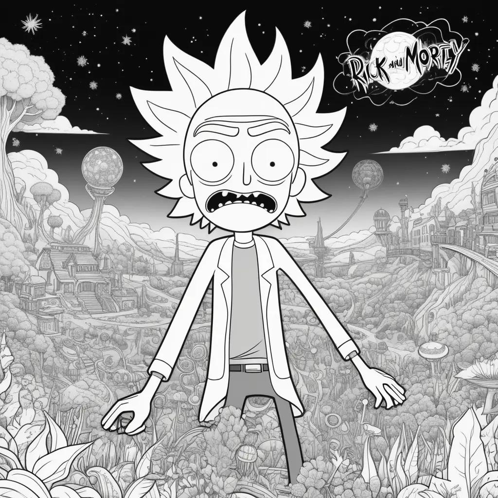 Black and white coloring page of Rick and Morty