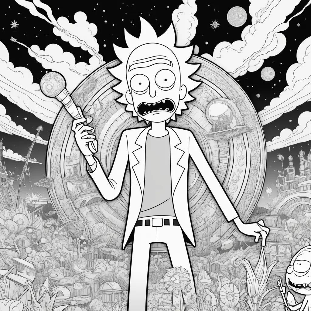 Black and white coloring page of Rick and Morty