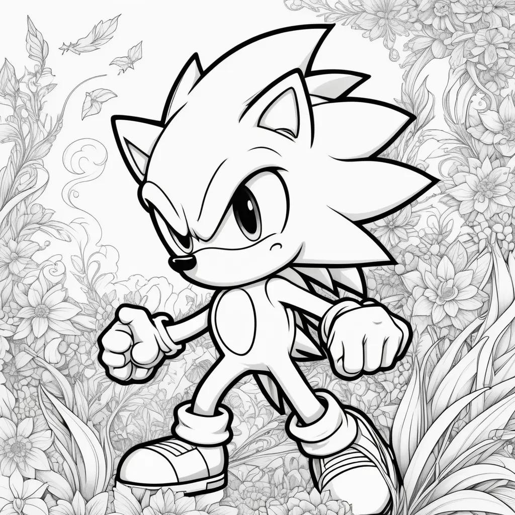 Black and white coloring page of Sonic the Hedgehog