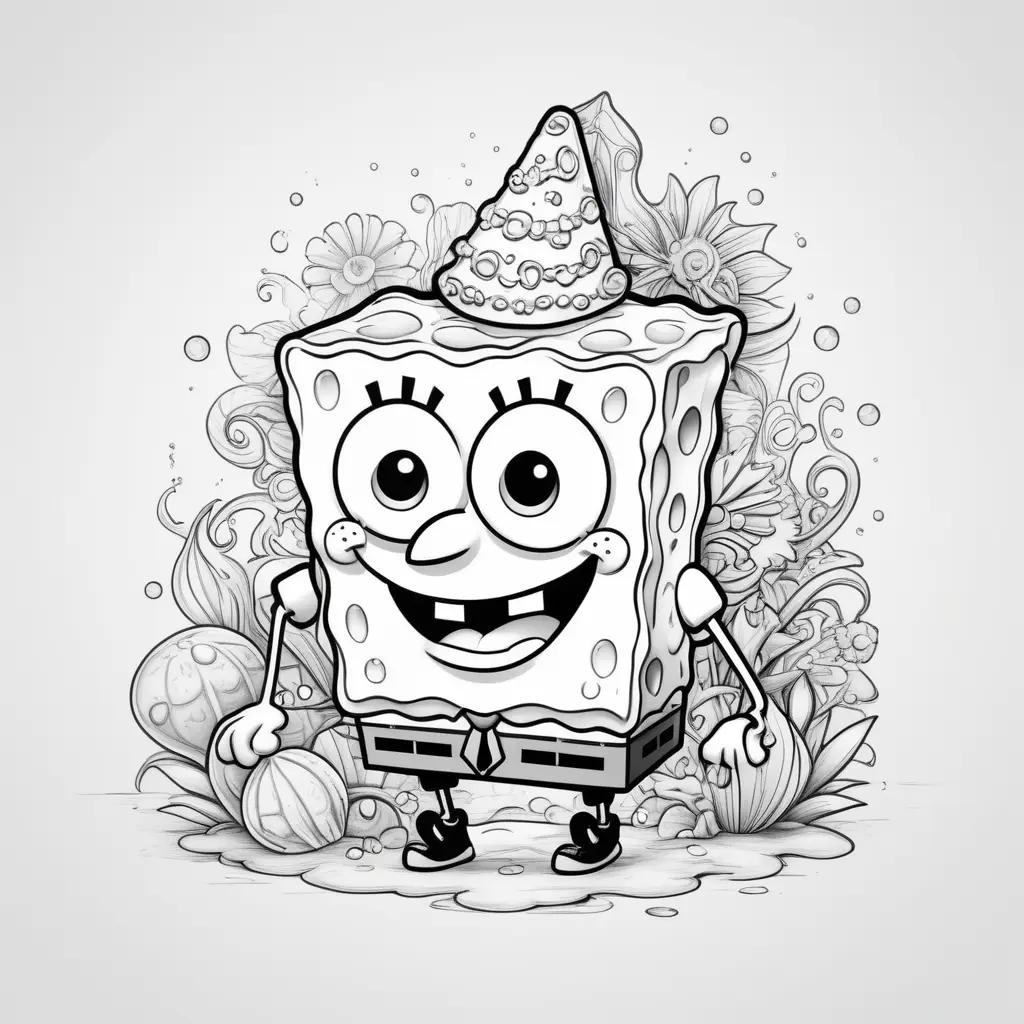 Black and white coloring page of SpongeBob with cake and hat