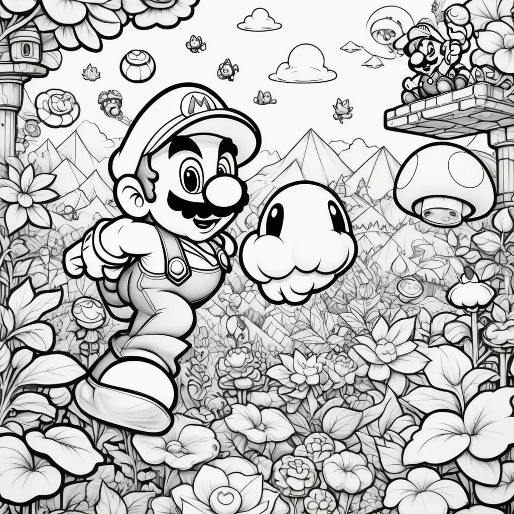 Black and white coloring page of Super Mario Bros