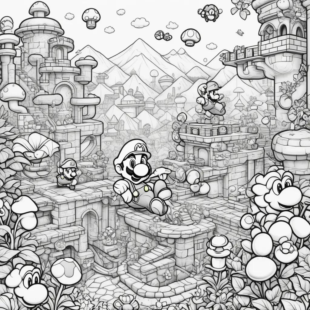 Black and white coloring page of Super Mario Bros