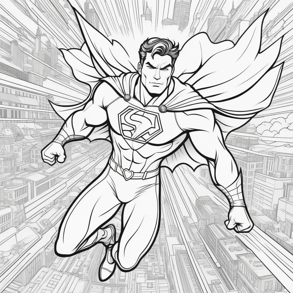 Black and white coloring page of Superman flying over a city