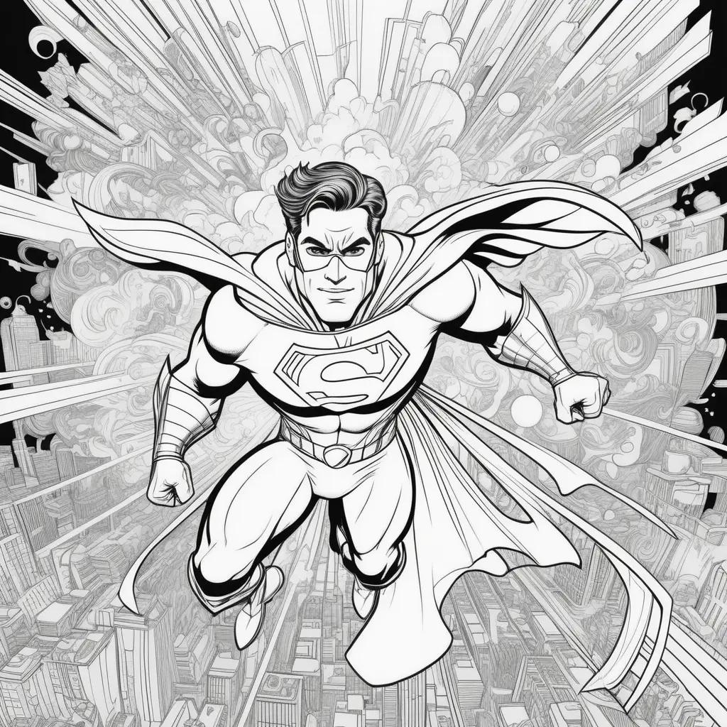 Black and white coloring page of Superman flying through the city