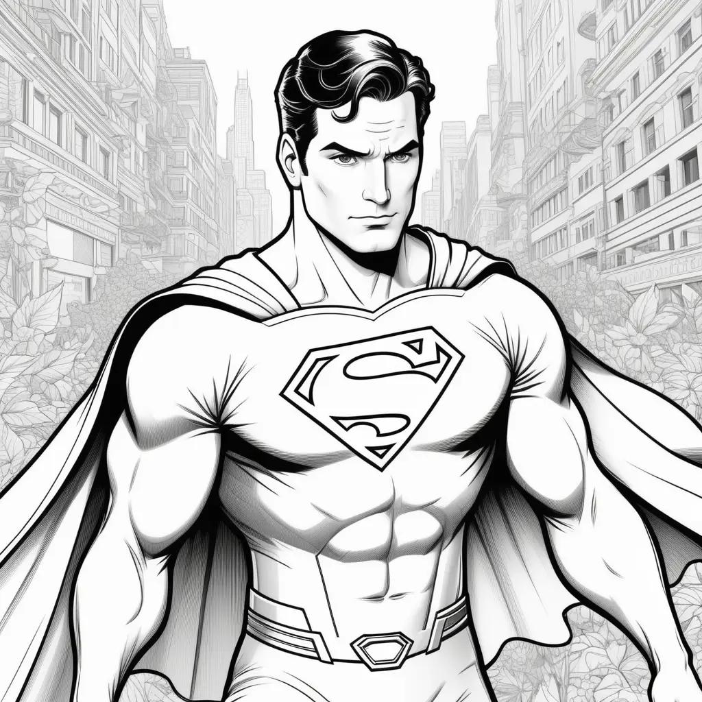 Black and white coloring page of Superman with city in background