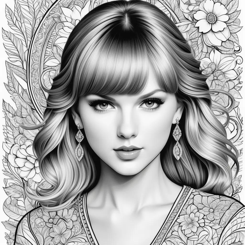 Black and white coloring page of Taylor Swift