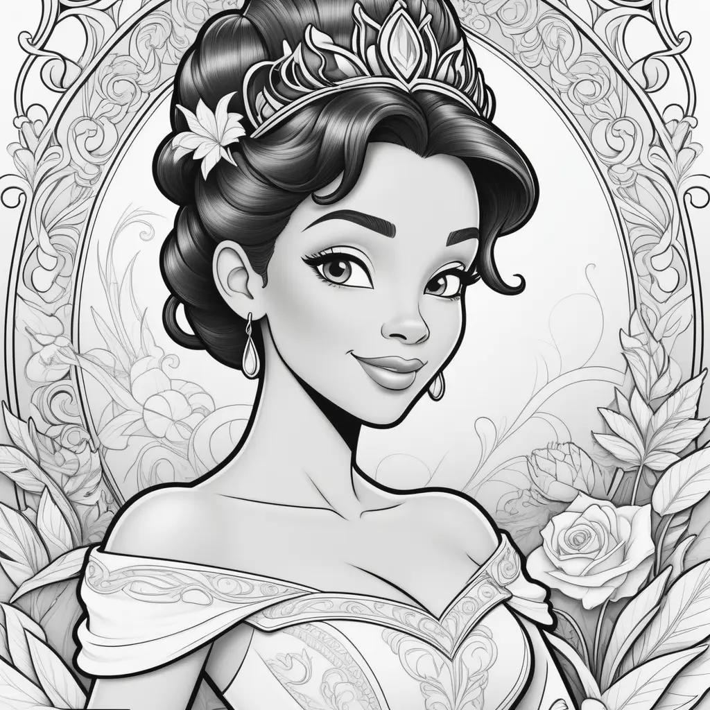 Black and white coloring page of Tiana from The Princess and the Frog