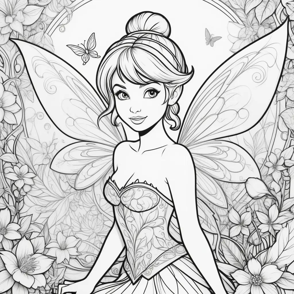 Black and white coloring page of Tinkerbell