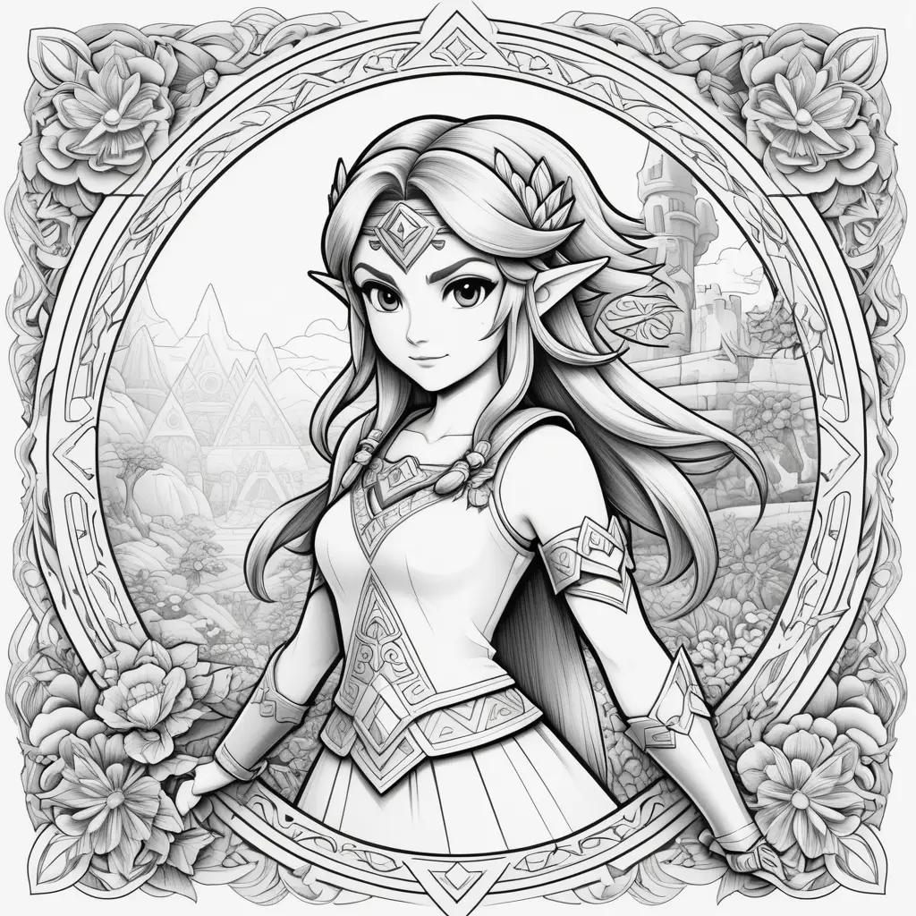 Black and white coloring page of Zelda