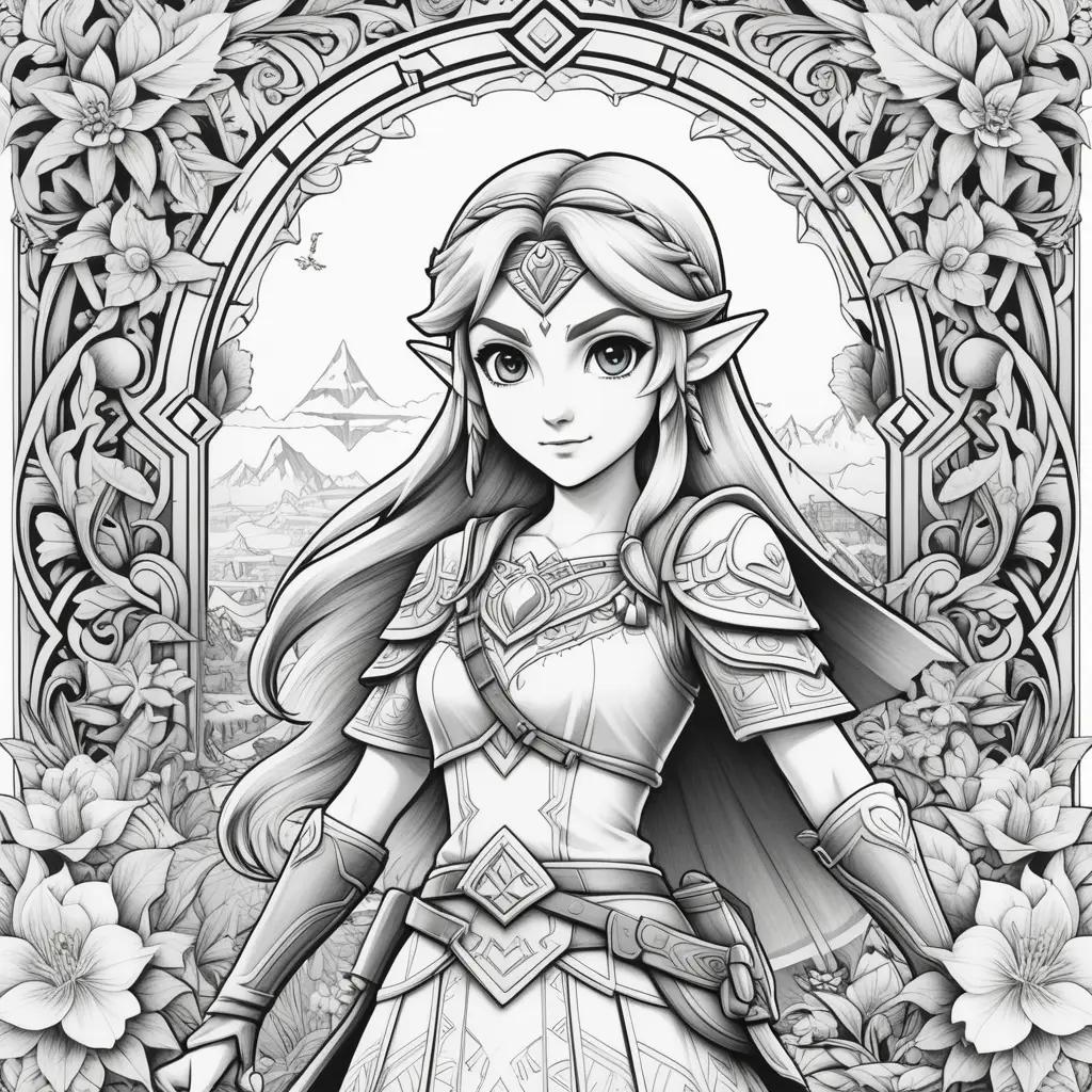 Black and white coloring page of Zelda in a castle